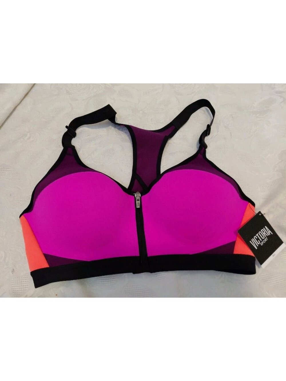 Victoria Sport High Impact Front Zip Sports Bra 36 C Fuschia Orange Purple NWT